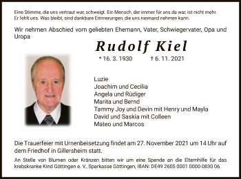 Todesanzeige von Rudolf Kiel von HNA