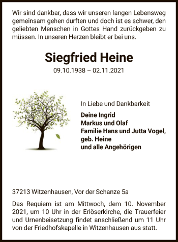 Todesanzeige von Siegfried Heine von HNA