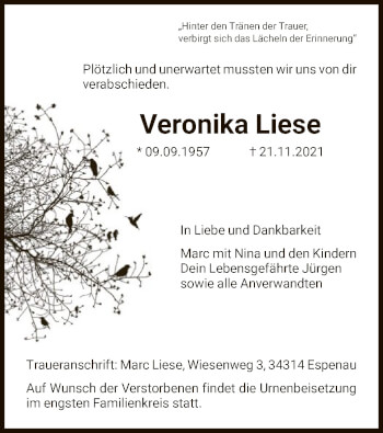 Todesanzeige von Veronika Liese von HNA