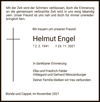 Todesanzeige von Helmut Engel von HNA