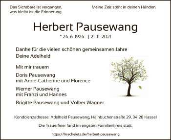 Todesanzeige von Herbert Pausewang von HNA