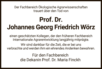 Todesanzeige von Johannes Georg Friedrich Wörz von HNA