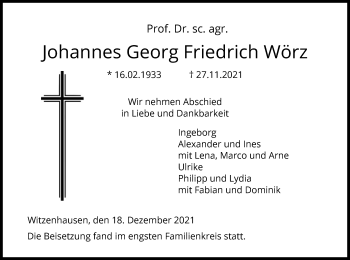 Todesanzeige von Johannes Georg Friedrich Wörz von HNA