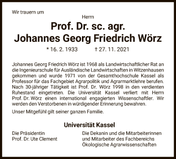 Todesanzeige von Johannes Georg Friedrich Wörz von HNA