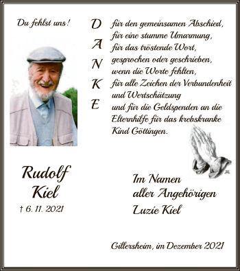 Todesanzeige von Rudolf Kiel von HNA