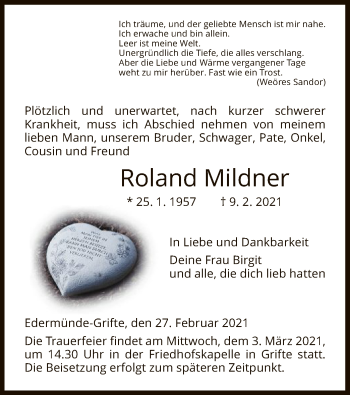 Todesanzeige von Roland Mildner von HNA