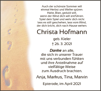 Todesanzeige von Christa Hofmann von HNA