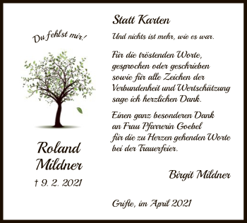 Todesanzeige von Roland Mildner von HNA