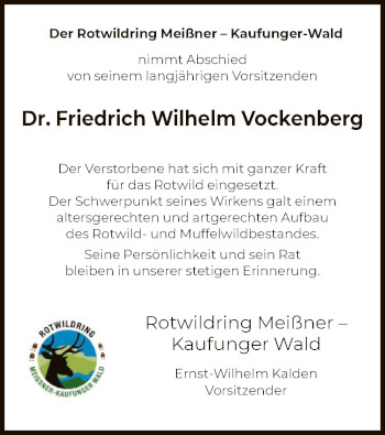 Todesanzeige von Friedrich Wilhelm Vockenberg von HNA