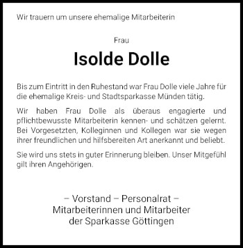 Todesanzeige von Isolde Dolle von HNA