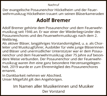 Todesanzeige von Adolf Bremer von HNA