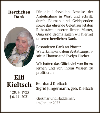 Todesanzeige von Elli Kieltsch von HNA