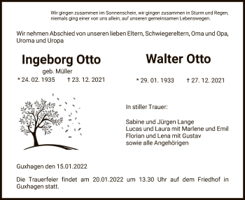 Todesanzeige von Ingeborg und Walter Otto von HNA