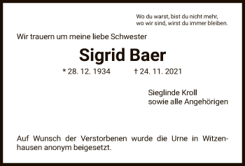 Todesanzeige von Sigrid Baer von HNA