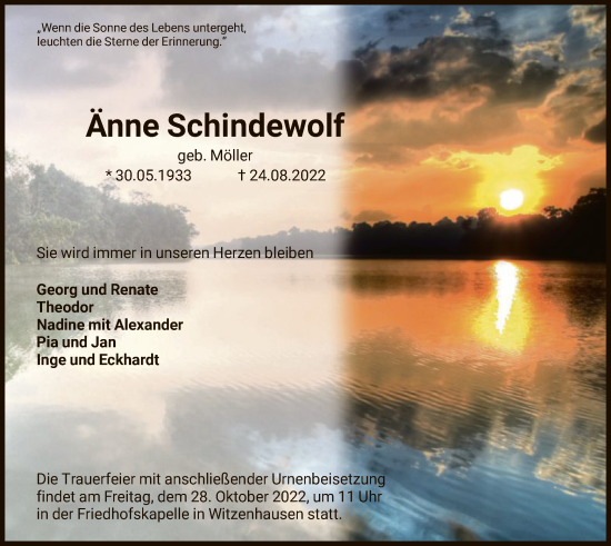 Todesanzeige von Änne Schindewolf von HNA