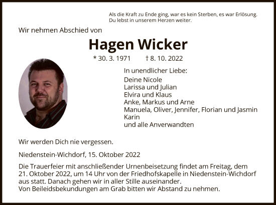 Todesanzeige von Hagen Wicker von HNA
