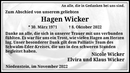 Todesanzeige von Hagen Wicker von HNA