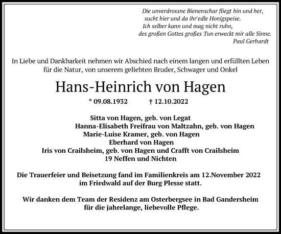Todesanzeige von Hans-Heinrich von Hagen von HNA