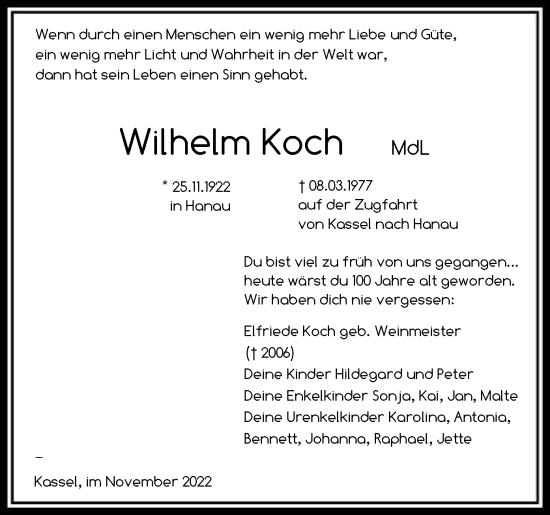 Todesanzeige von Wilhelm Koch von HNA