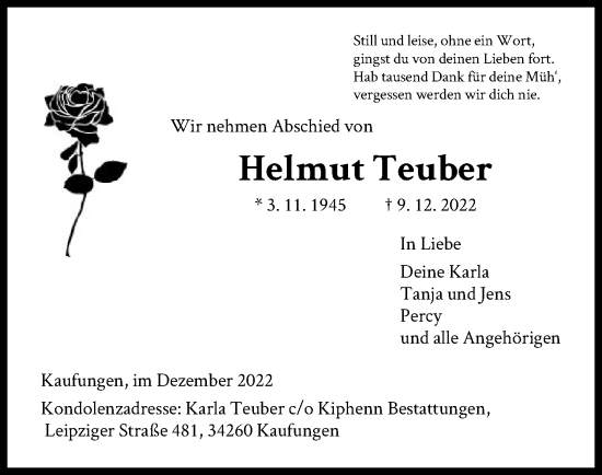 Todesanzeige von Helmut Teuber von HNA