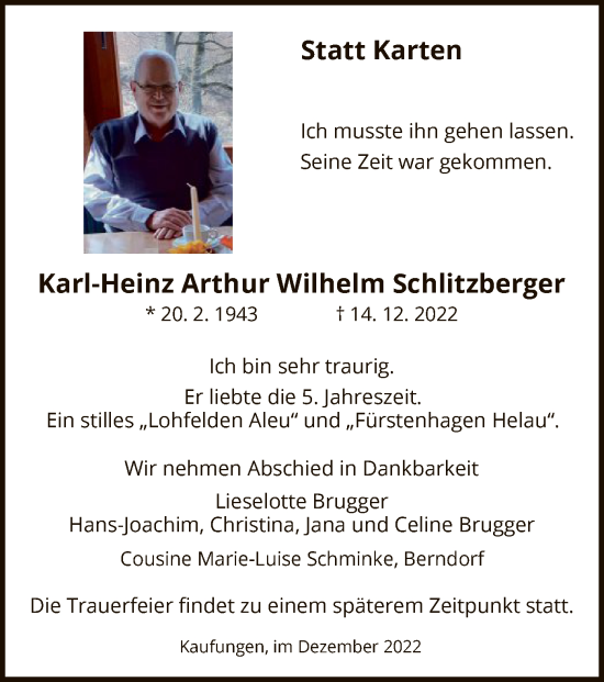 Todesanzeige von Karl-Heinz Arthur Wilhelm Schlitzberger von HNA