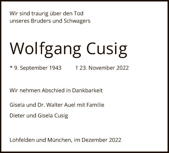 Todesanzeige von Wolfgang Cusig von HNA