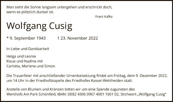 Todesanzeige von Wolfgang Cusig von HNA