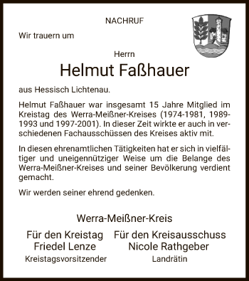 Todesanzeige von Helmut Faßhauer von WRS