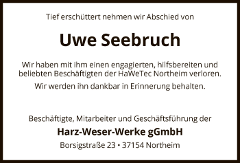 Todesanzeige von Uwe Seebruch von HNA