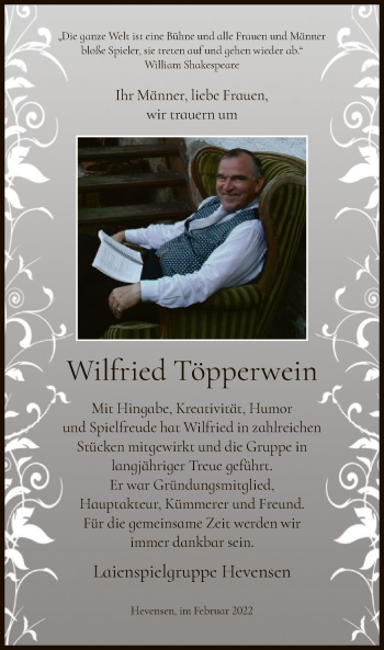 Todesanzeige von Wilfried Töpperwein von HNA