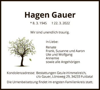 Todesanzeige von Hagen Gauer von HNA