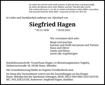 Todesanzeige von Siegfried Hagen von HNA