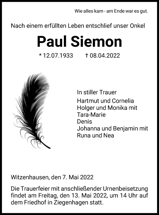 Todesanzeige von Paul Siemon von HNA