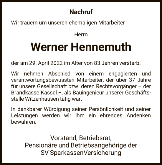 Todesanzeige von Werner Hennemuth von HNA