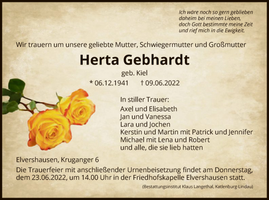 Todesanzeige von Herta Gebhardt von HNA