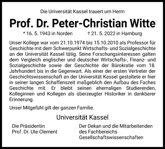 Todesanzeige von Peter-Christian Witte von HNA