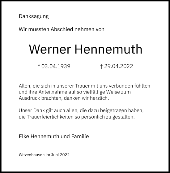 Todesanzeige von Werner Hennemuth von HNA