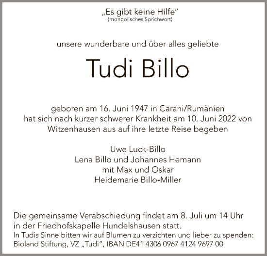 Todesanzeige von Tudi Billo von HNA