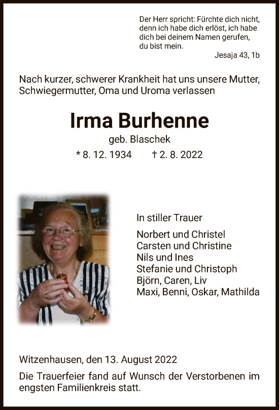 Todesanzeige von Irma Burhenne von HNA