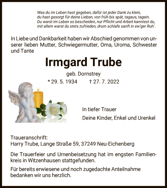 Todesanzeige von Irmgard Trube von HNA