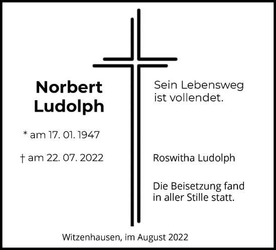 Todesanzeige von Norbert Ludolph von HNA