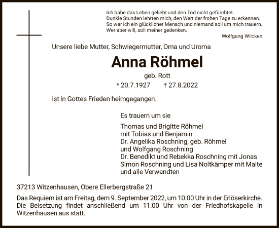 Todesanzeige von Anna Röhmel von HNA