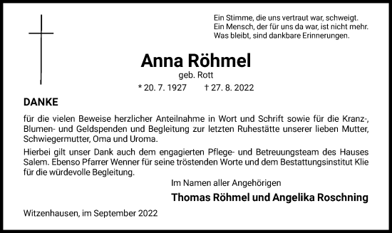 Todesanzeige von Anna Röhmel von HNA