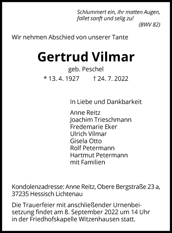 Todesanzeige von Gertrud Vilmar von HNA