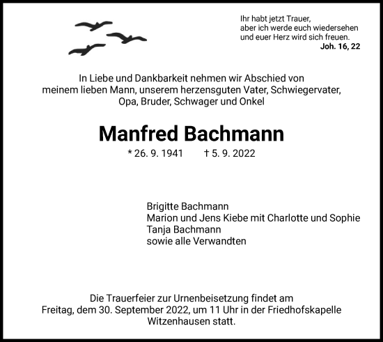 Todesanzeige von Manfred Bachmann von HNA