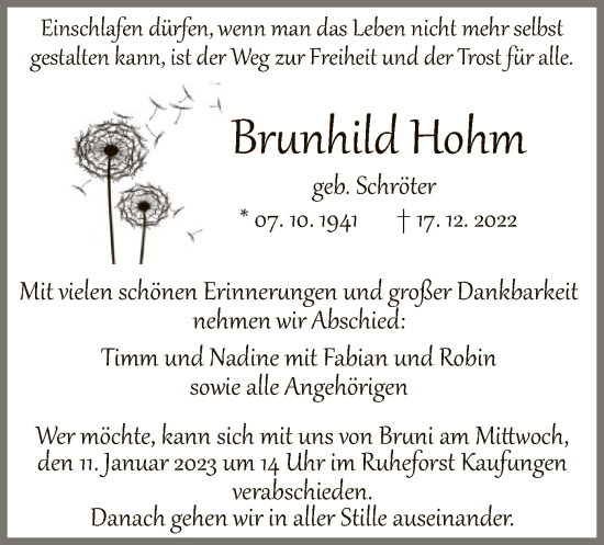 Todesanzeige von Brunhild Hohm von HNA