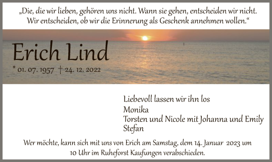 Todesanzeige von Erich Lind von HNA