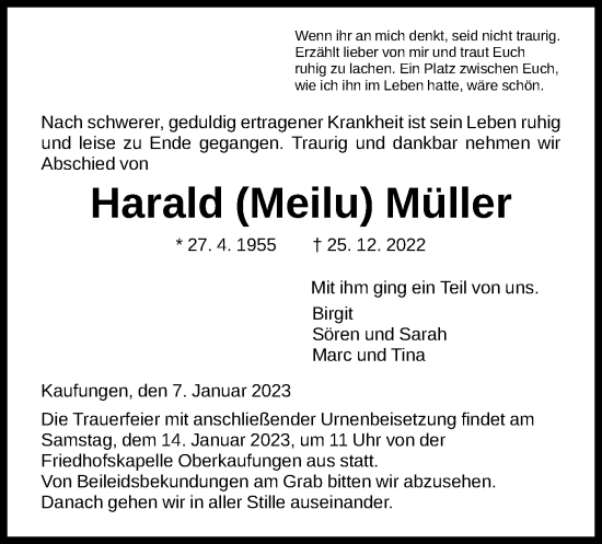 Todesanzeige von Harald Müller von HNA