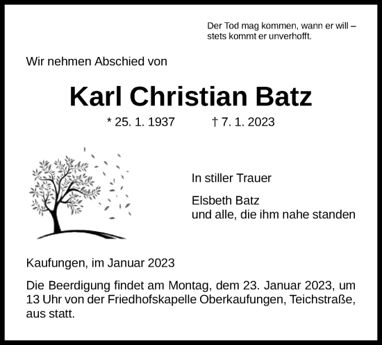 Todesanzeige von Karl Christian Batz von HNA