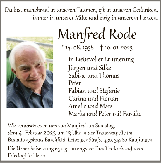 Todesanzeige von Manfred Rode von HNA